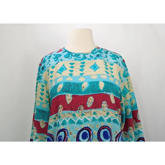 Vintage 90s Blouse Silk Maximalist Aqua Blue Pink Print Top Misses Size 6 - Picture 2 of 5